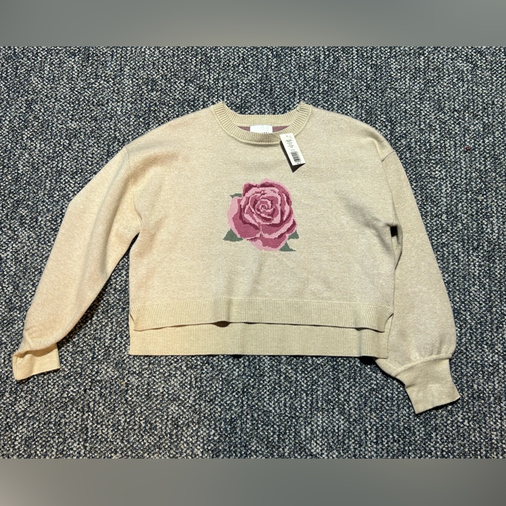 Pink Rose Textured Knit Sweater in Cream and Blue